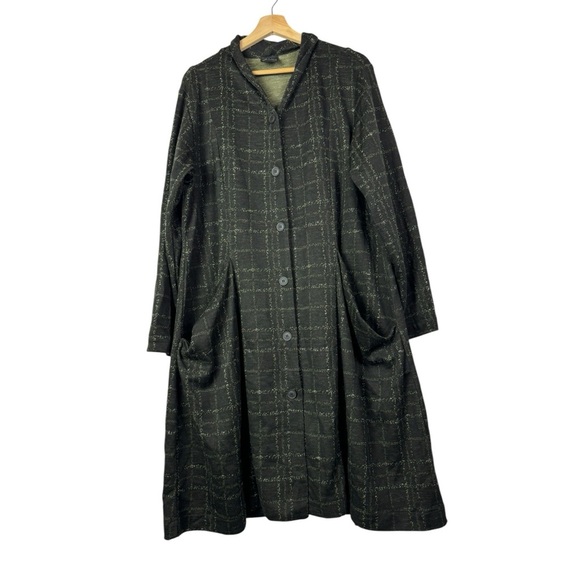 Vintage Spirittious Blue Plaid Full Button Knit Trench Coat L - Picture 1 of 6